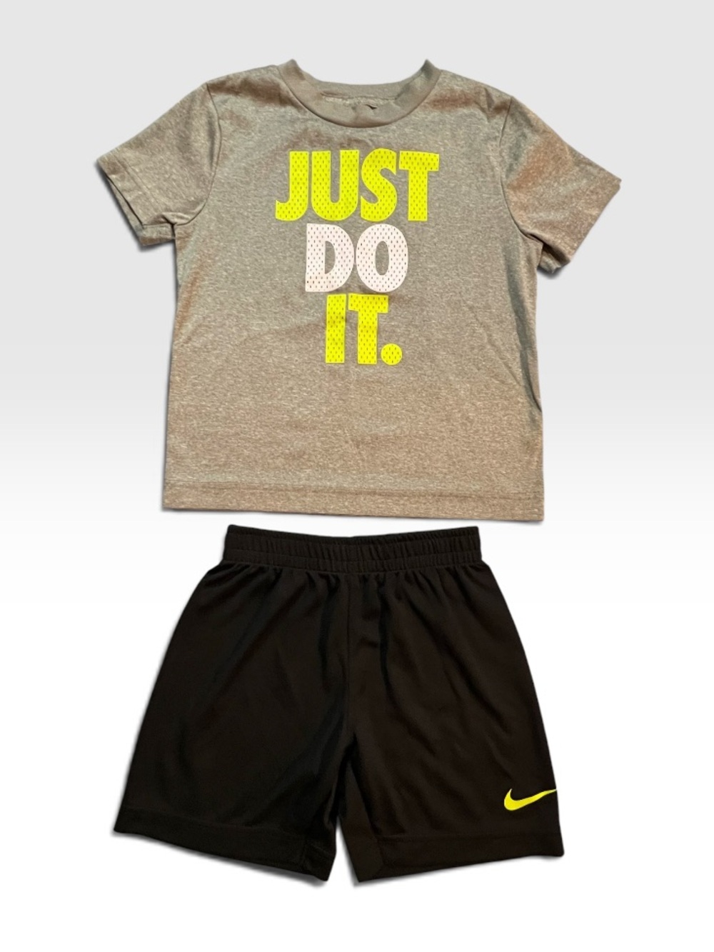 Nike Youth Grey Tee & Black Shorts Set with Neon Yellow Graphic 4T